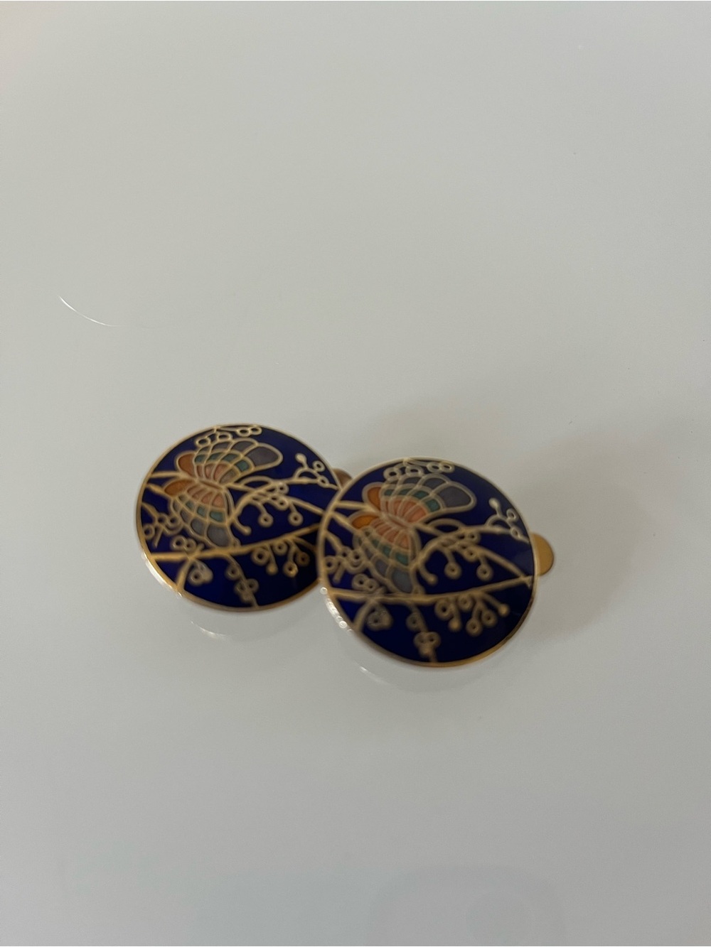 Gold-Trim Cloisonné Navy Enamel Butterfly Round Clip Earrings
